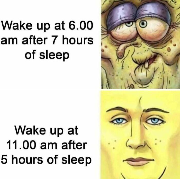 Meme comparing tired and refreshed faces after different hours of sleep, highlighting relatable random memes humor.