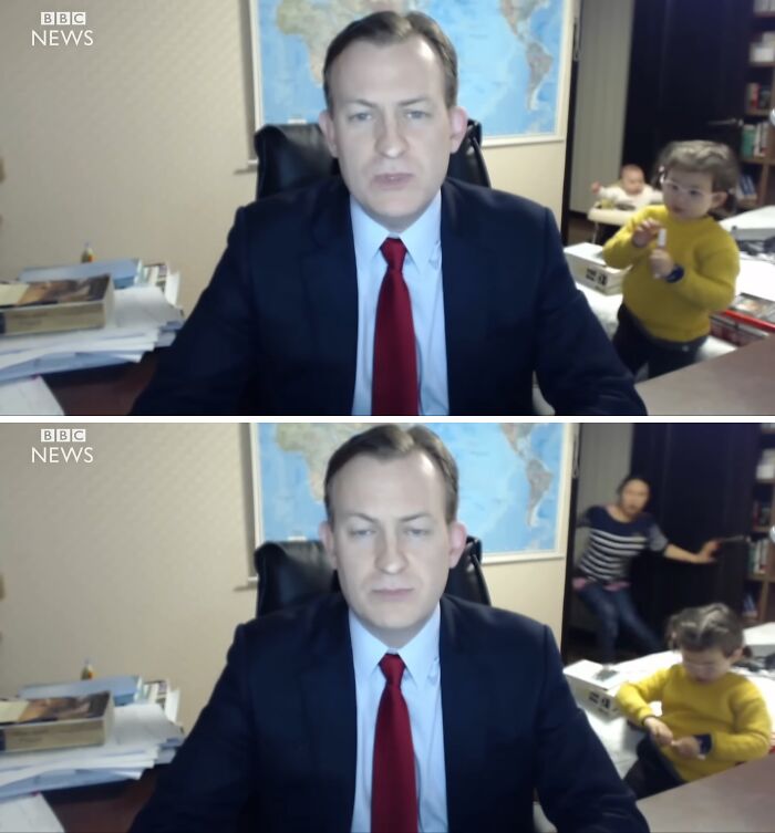 Man in suit and red tie going viral during a video call as children unexpectedly become internet icons behind him.