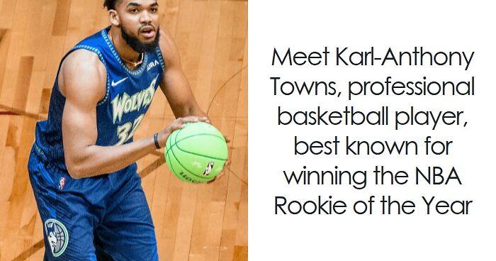 Karl-Anthony Towns playing basketball in a Wolves jersey, highlighting his professional career and achievements.