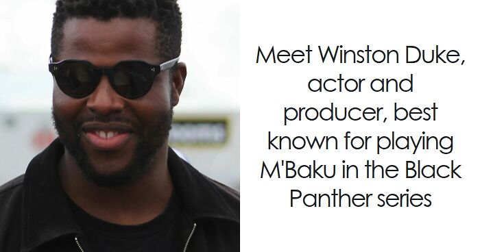 Winston Duke wearing sunglasses and a black jacket, smiling at an event, highlighting his acting career.