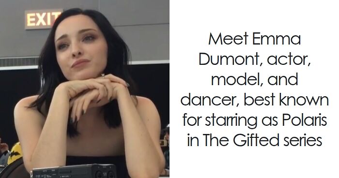 Emma Dumont sitting with hands clasped, smiling softly at an event, highlighting her bio and career highlights.