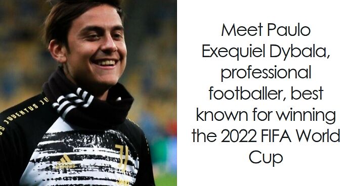 Paulo Dybala smiling in Juventus training gear on the field, highlighting his bio and career achievements.