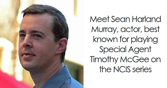 Sean Murray in a blue shirt, known for his role as Special Agent Timothy McGee on the NCIS series.