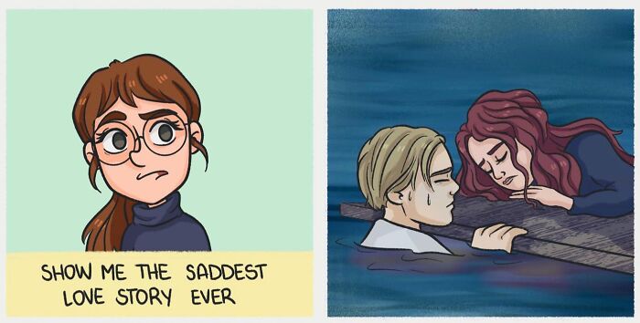 Relatable comics depicting a funny yet emotional love story scene with expressive characters in everyday situations.