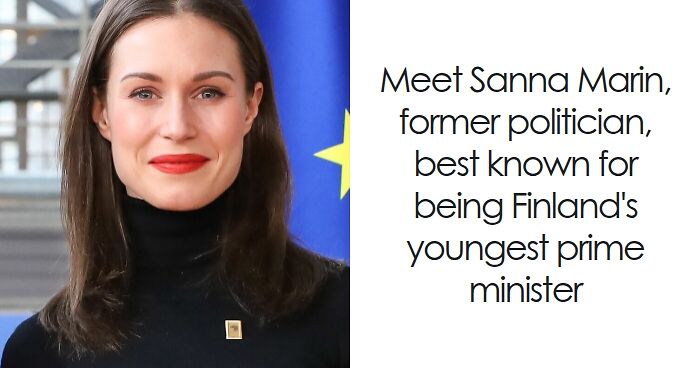 Sanna Marin smiling, wearing a black turtleneck, with a European Union flag in the background, highlighting career highlights.