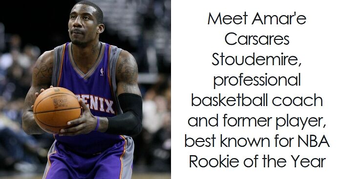 Amar'e Stoudemire in Phoenix Suns uniform holding basketball during a game, highlighting his basketball career and achievements.