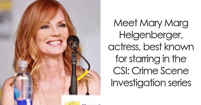 Marg Helgenberger speaking at a panel event, smiling with red hair and wearing a black top.