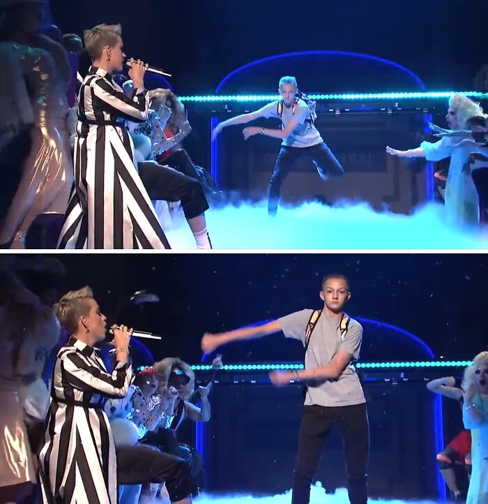 Teen dancing on stage with a singer and performers, capturing a viral moment that turned him into an internet icon.