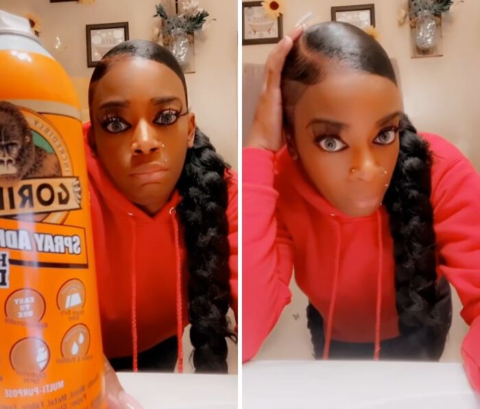 Woman with long braided hair in a red hoodie reacts during viral moment, becoming an unexpected internet icon.