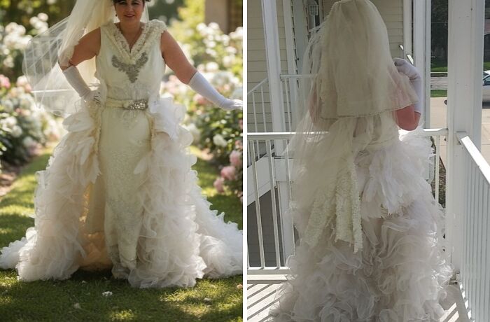 Bride wearing a unique wedding dress with ruffled layers and gloves, showcasing questionable taste in bridal fashion.