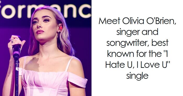 Olivia O'Brien performing on stage, wearing a pink dress, showcasing her career as a singer and songwriter.