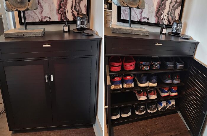  This Dark Wood Storage Cabinet Is Basically A Witness Protection Program For All Your Miscellaneous Clutter