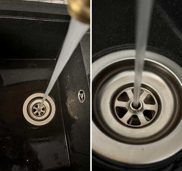 Water stream perfectly aligned with sink drain in close-up shots showing flawless alignment and symmetry.