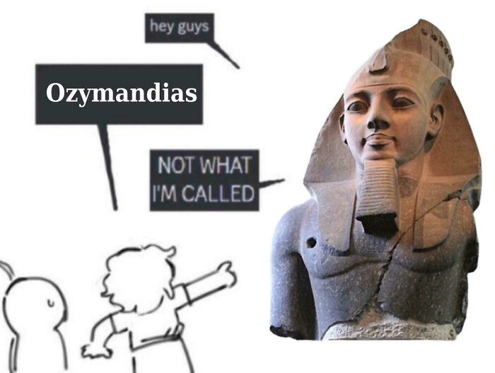 Humorous Ancient Egypt meme showing a statue and cartoon characters debating the name Ozymandias.