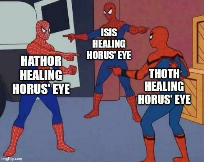 Three Spider-Man characters pointing at each other with text about Ancient Egypt memes referencing healing Horus' eye.