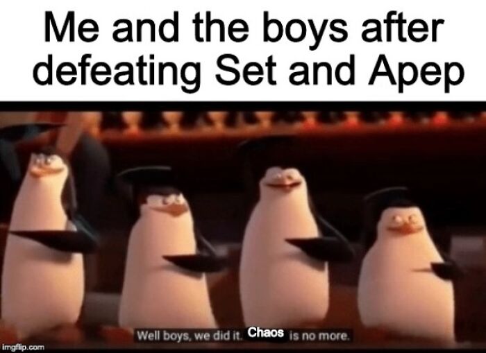 Group of animated penguins celebrating victory with text referencing Ancient Egypt memes about defeating Set and Apep.