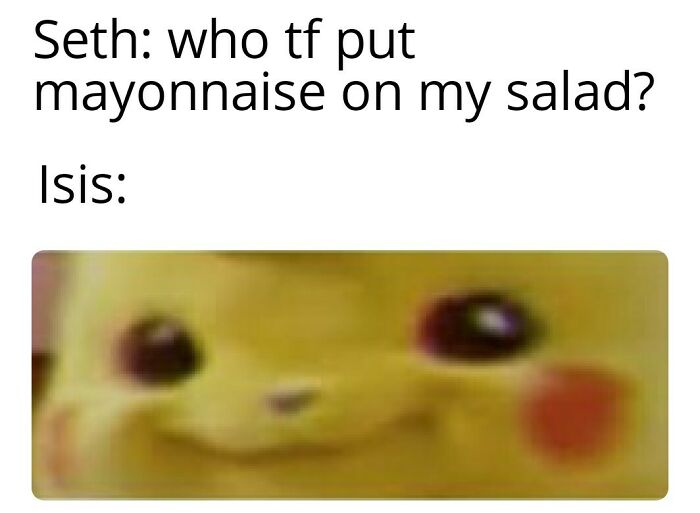 Meme with text about Seth and mayonnaise on salad, featuring a close-up of Pikachu’s surprised face, ancient Egypt memes.