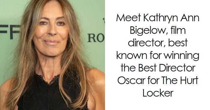Kathryn Bigelow, film director known for Oscar-winning work, posing in a black sleeveless top at an event.