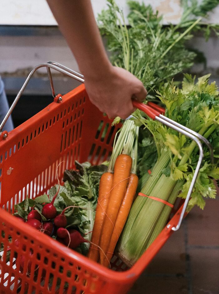 Person holding a red basket filled with fresh vegetables, illustrating relatable everyday shopping habits.