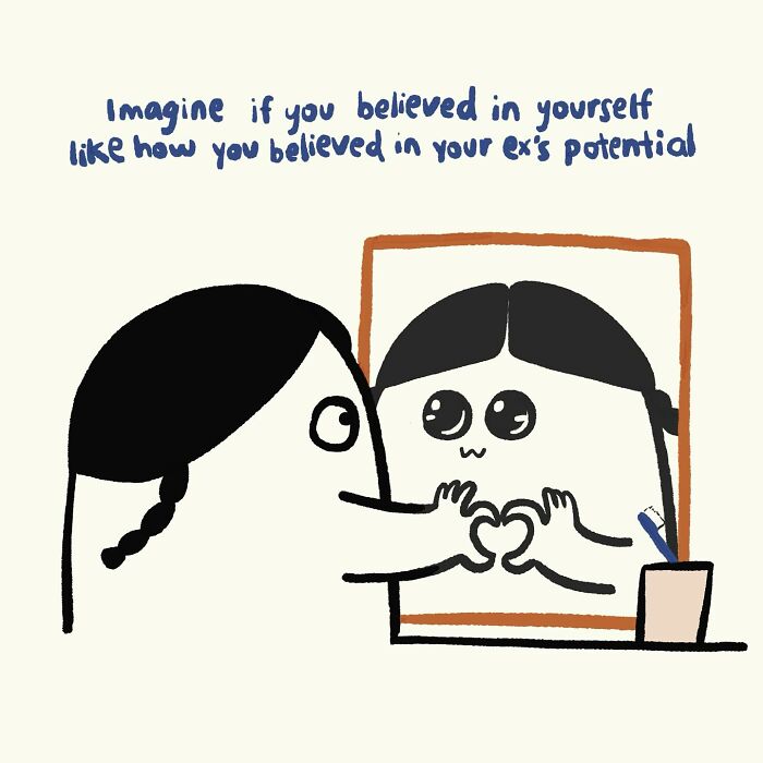 Funny relatable doodle of a person making a heart shape with their hands in the mirror, illustrating everyday thoughts.