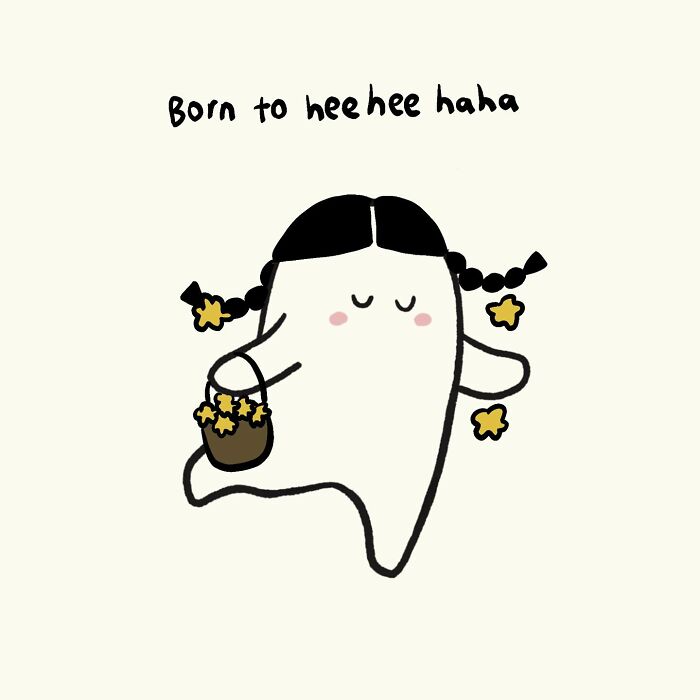 Cute doodle of a happy character with pigtails holding star-shaped objects, illustrating relatable everyday thoughts.