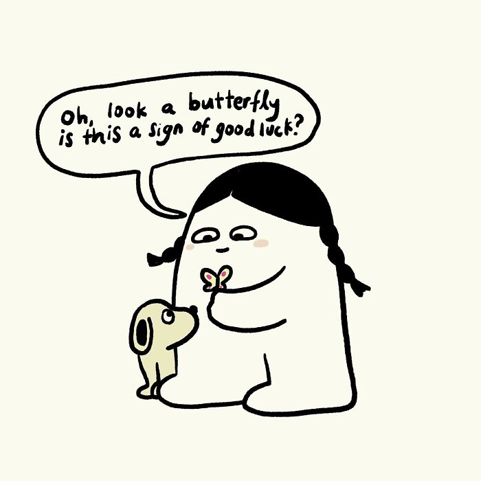 Simple doodle of a person holding a butterfly and talking to a dog, showing funny and relatable everyday thoughts.