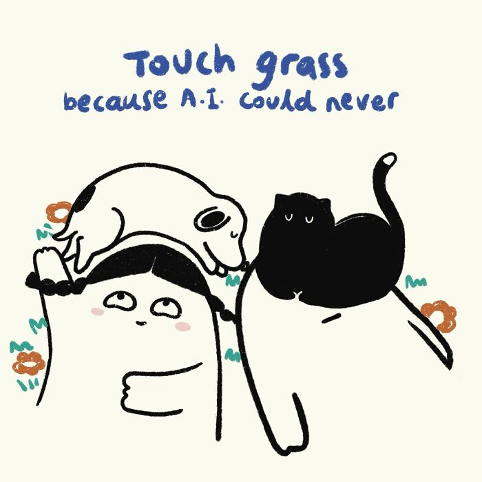 Funny relatable doodles showing a person with a dog and cat, highlighting everyday thoughts about touching grass.