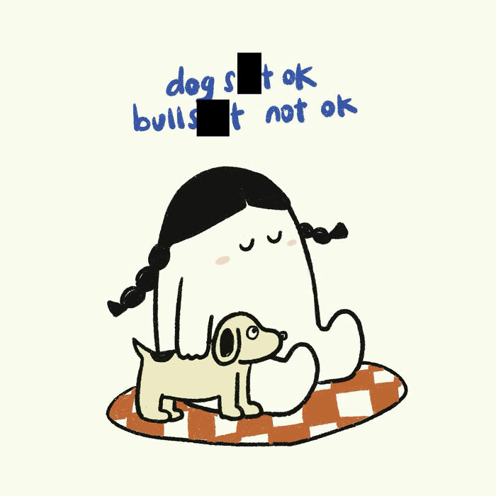 Simple doodle of a person with pigtails and a dog on a checkered mat, reflecting funny relatable everyday thoughts.