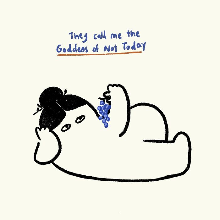 Simple doodle of a relaxed figure eating grapes with text showing relatable, funny everyday thoughts in a casual drawing style.