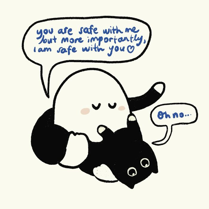 Simple doodle showing a character hugging a cat with relatable, funny everyday thoughts in speech bubbles.