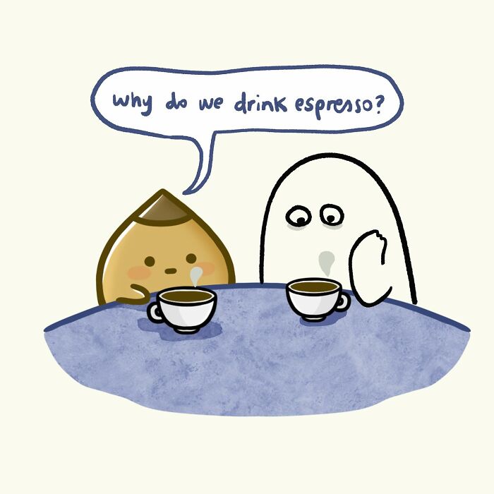 Cute doodle of two characters drinking espresso, illustrating everyday thoughts with funny and relatable art style.