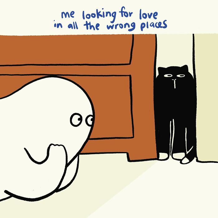 Funny, relatable doodle of a character looking for love in the wrong places, featuring a curious black cat.