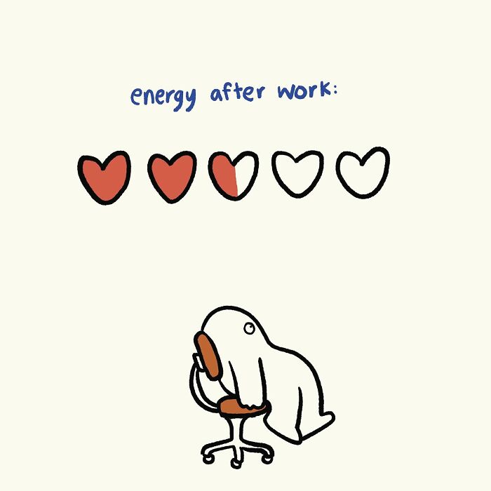 Funny relatable doodle showing low energy after work with a tired figure slumped on an office chair and heart icons.