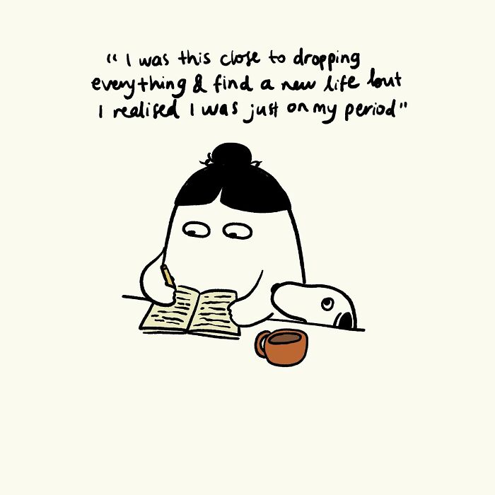 Funny, relatable doodle of a character writing in a notebook with a coffee cup, illustrating everyday thoughts and emotions.