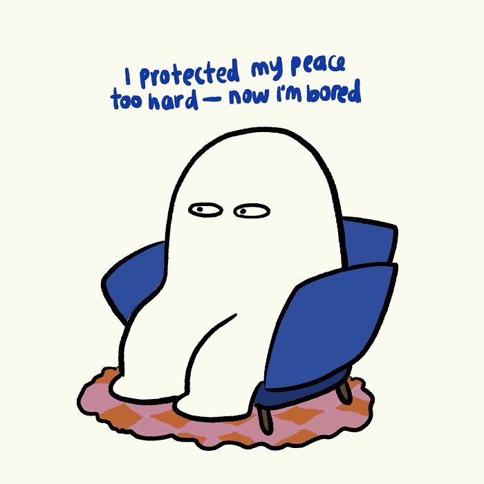 Simple doodle of a character sitting bored in a chair with text about protecting peace, showcasing funny relatable everyday thoughts.