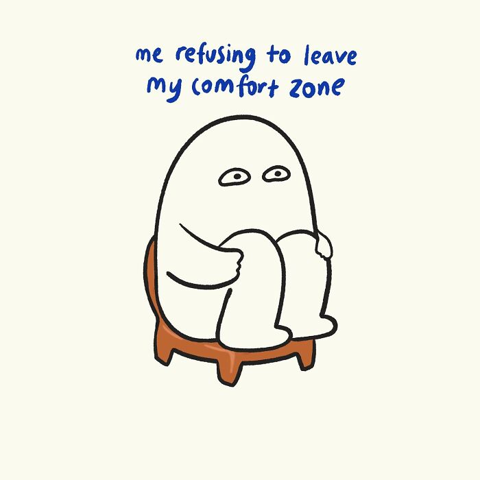 Simple doodle of a character sitting curled up on a small stool, illustrating relatable everyday thoughts humorously.