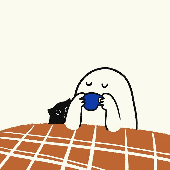 Simple doodle of a character drinking from a cup with a black cat peeking over a checkered table, funny relatable doodles style.