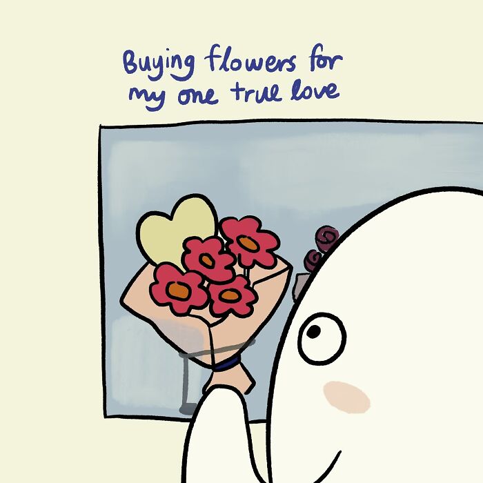 Funny relatable doodle of a character holding flowers, illustrating everyday thoughts in a simple cartoon style.