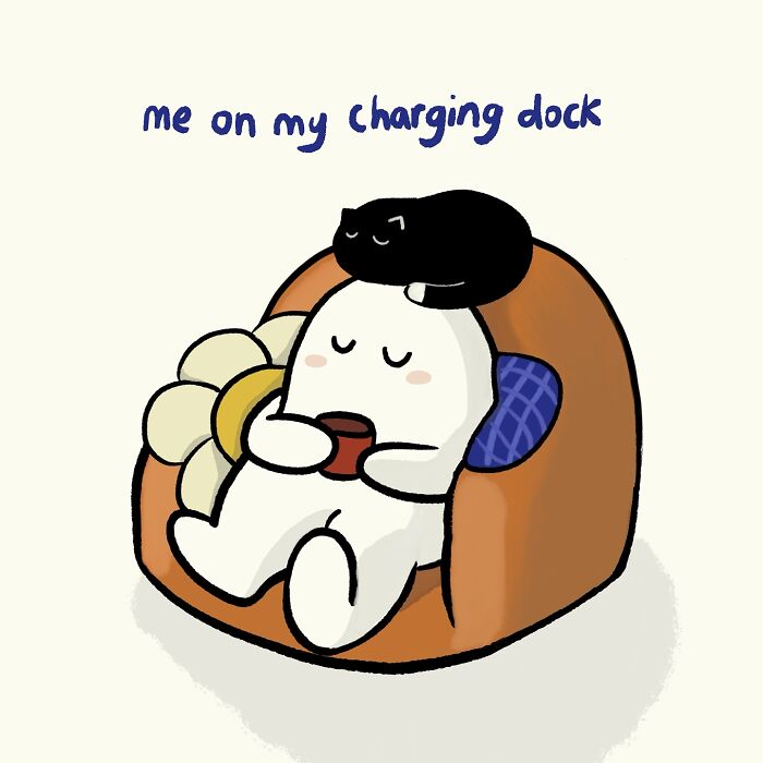 Cute doodle of a character resting with a cat on its head, illustrating everyday thoughts in funny, relatable drawings.