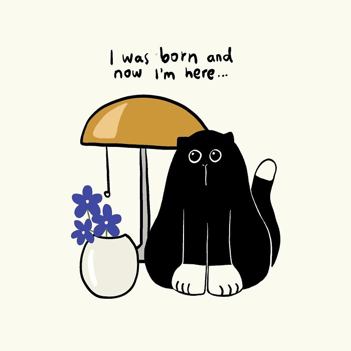 Funny and relatable doodle of a black cat sitting next to a lamp and flowers, capturing everyday thoughts visually.
