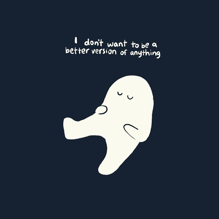 Simple doodle of a relaxed character with text expressing a humorous and relatable everyday thought.