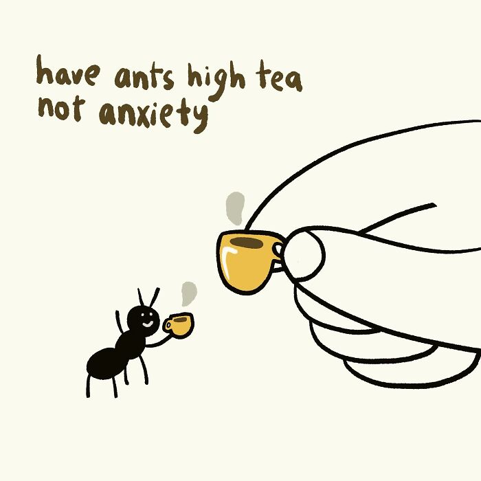 Simple doodle of a hand and ant having tea, illustrating funny and relatable everyday thoughts in art.