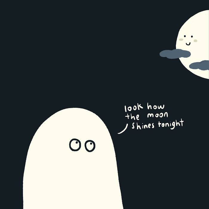 Funny and relatable doodle of a ghost looking at the smiling moon, capturing everyday thoughts in simple art.