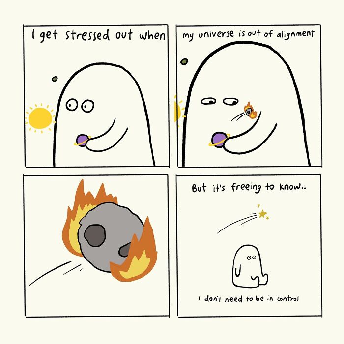 Simple doodle comic showing a character stressed by an out-of-alignment universe, expressing relatable everyday thoughts.