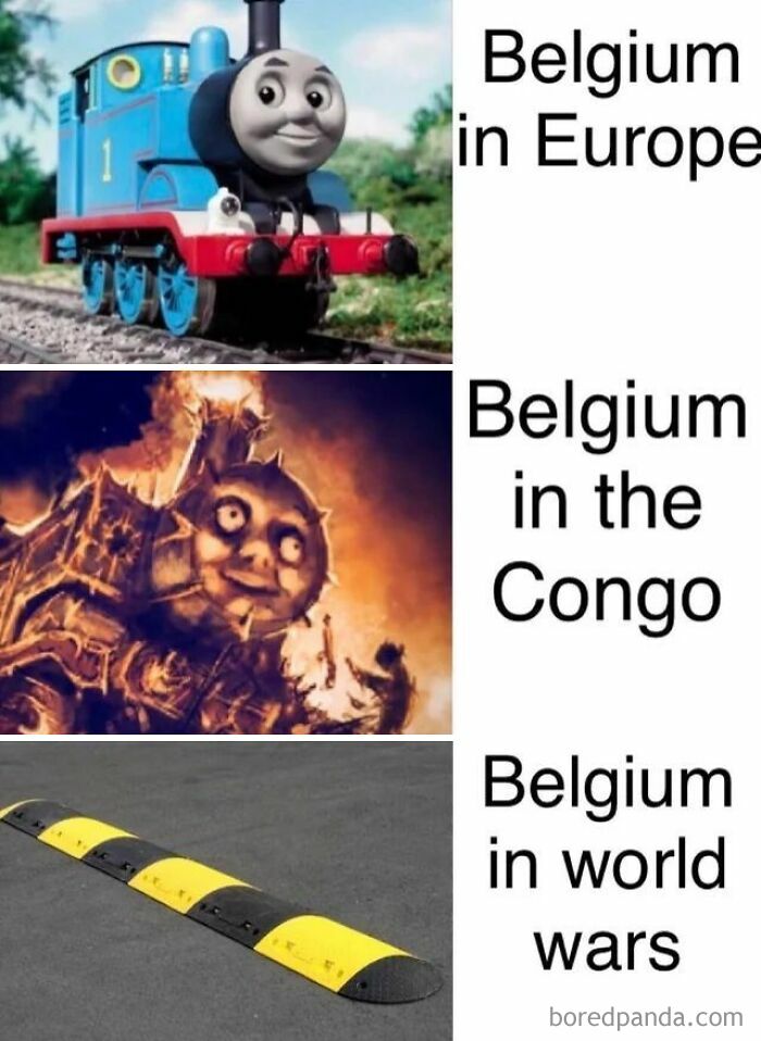 Funny history meme comparing Belgium’s image in Europe, the Congo, and world wars using trains and a speed bump.