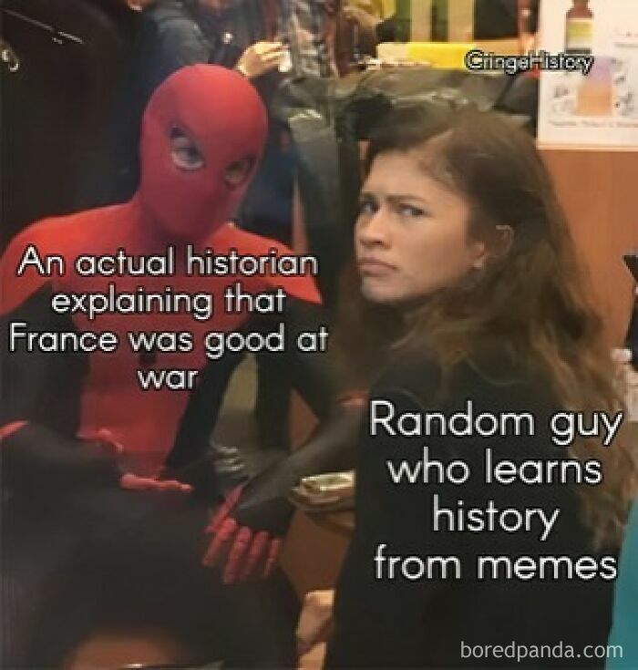 Spider-Man in costume explains history while a woman looks skeptical, illustrating hilarious history memes humor about learning history.
