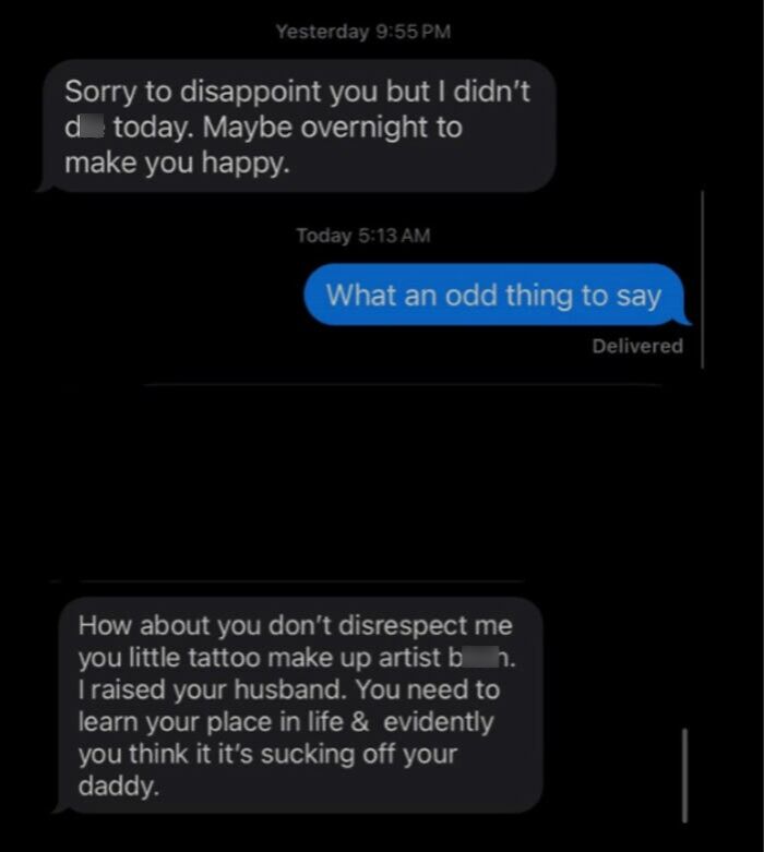 Screenshot of unhinged texts from a MIL insulting a tattoo makeup artist and referencing family disrespect online.