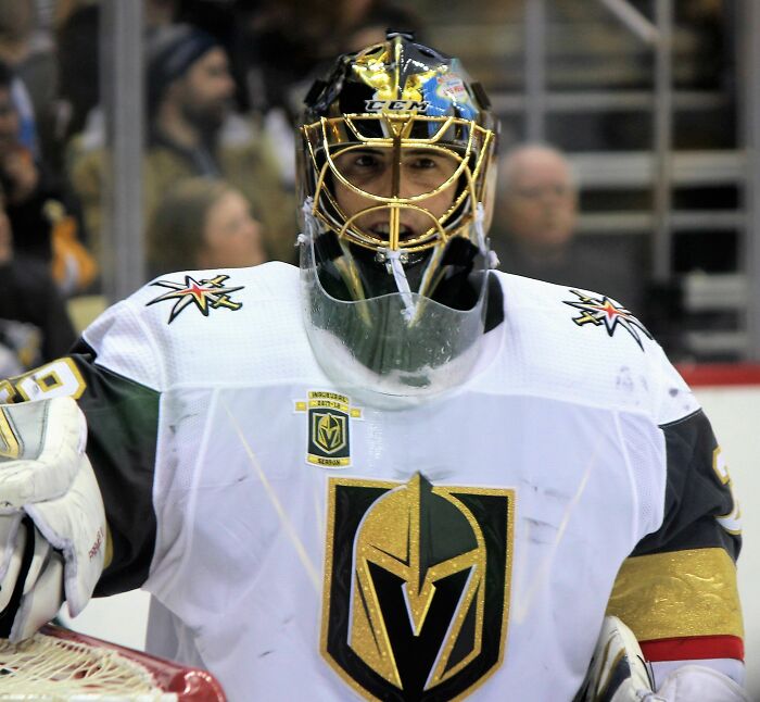 Marc-André Fleury in goalie gear for Vegas Golden Knights during a professional ice hockey game on the ice rink.