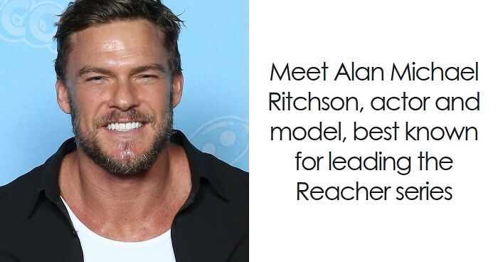 Alan Ritchson smiling against a blue background, recognized as an actor and model from the Reacher series