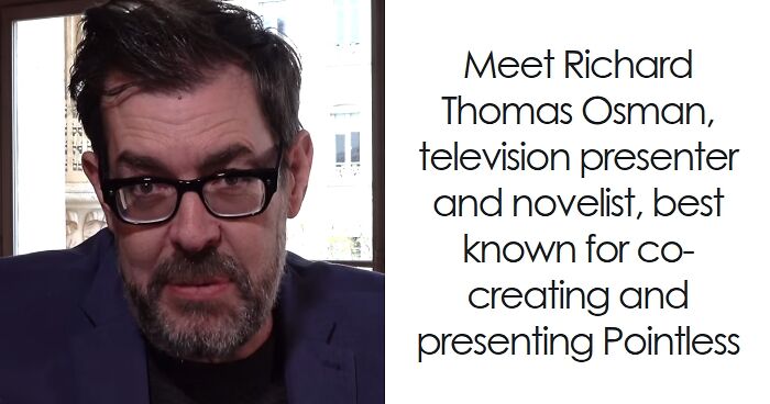 Richard Osman wearing glasses and a blazer, known for his bio and career highlights in television and writing.